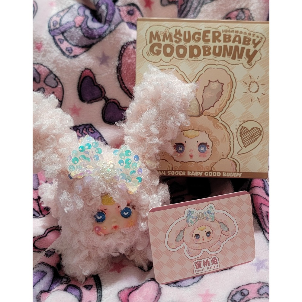 MM Sugar Baby‎ Good Bunny Peach Rabbit Pink Plush Art Toy Doll Sequin Bow Card